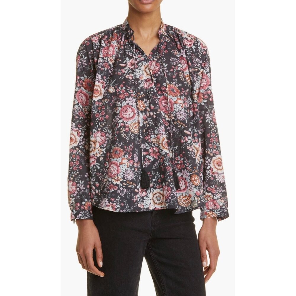 MILLE Joni Floral Tie Neck Top in Bloomsbury 100% Cotton Medium $275